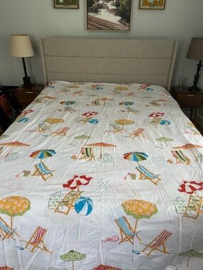The Company Store Beach Umbrella Chair Coastal Summer Cotton Queen Duvet Cover